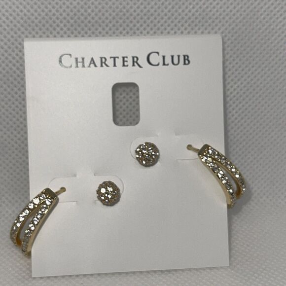 Gold Tone Crystal Earrings (2pc Set) Stunning Chic Fashion Trendy Stylish NWT - Picture 13 of 13